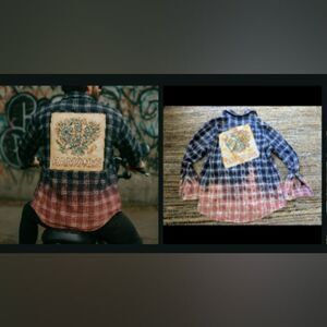 Reworked Bleached Ramones Flannel Shirt XL Punk Biker Grunge USA Flag Thrashed